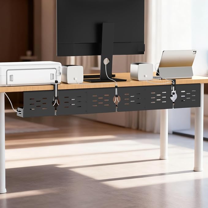 Univivi Under Desk Cable Management Tray, Cable Management, 48 inch, Black | Durable Steel, Cable Management with No-Drill C-Clamp and Screw Mount, Effortless Wire Management for Office/Home