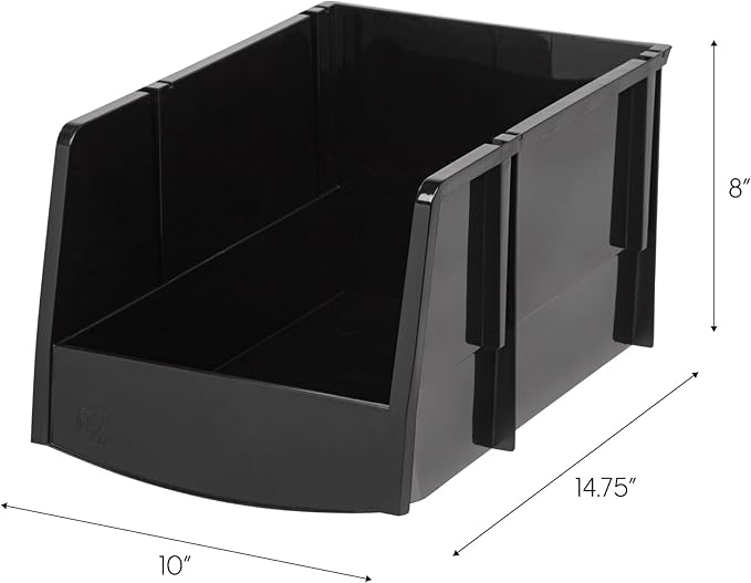 IRIS USA Stackable Storage Bins Open Front, 6 Pack, Plastic Hanging Organizer Caddy Basket for Hardware Crafts, Small Parts, Nuts and Bolts, Garage Tool Storage, Jumbo, Black