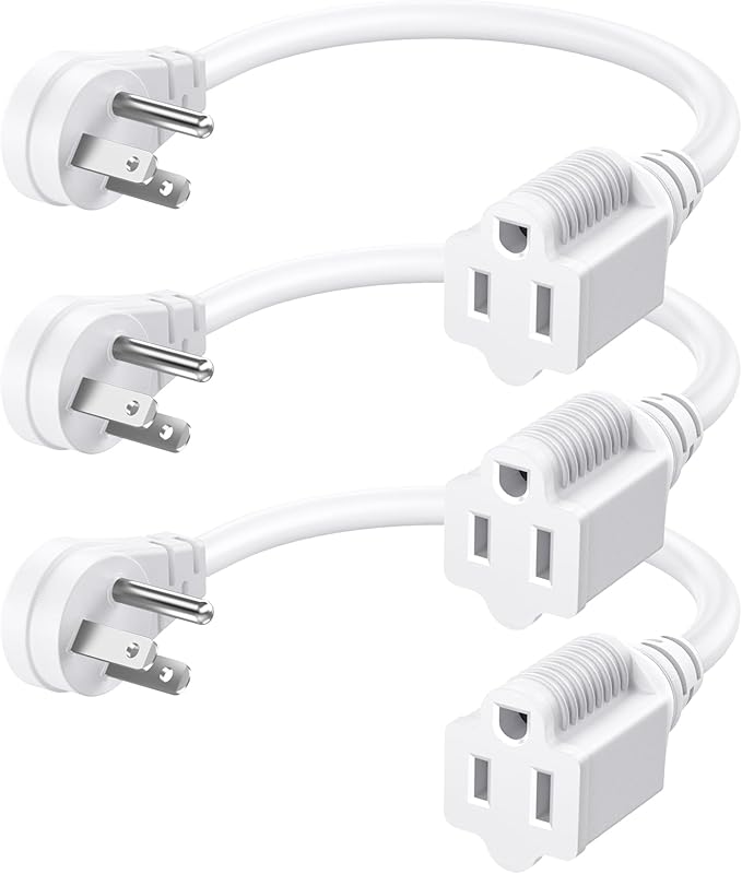 DEWENWILS 1FT Extension Cord Indoor, 14 Gauge Short Flat Plug Extension Cord White with 3 Prong, Low Profile Power Cable SJT, ETL Listed, 3 Pack