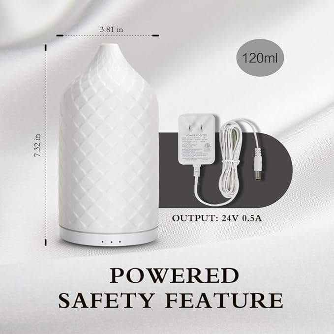 Essential Oil Diffuser for Home, Ceramic Aromatherapy Diffuser for Essential Oils, 120ml Oil Diffuser with Waterless Auto-Off and 7 LED Lights for Large Room Yoga Spa (White)