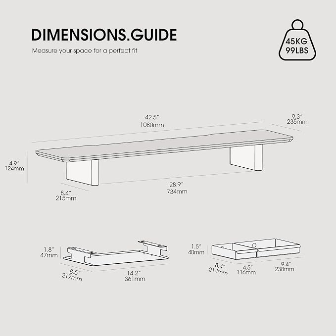 Fenge 42.5" Monitor Stand with Storage Drawers, Minimalist Monitor Riser with Solid Ash Legs and Cable Management, Wooden Desk Shelf for Home Office Workspaces, Dark Oak
