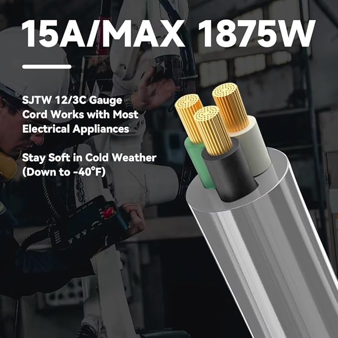 Indoor Outdoor Extension Cord, 12 Gauge 3 Prong Weatherproof Heavy Duty Gray Extension Cords, 12/3 SJTW 15A 25 FT Extension Cable for Garage, Garden and Home, UL Listed