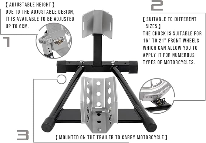 Adjustable Motorcycle Wheel Chock for Trailer, Heavy Duty Upfront Wheel Motorcycle Chock, Front Wheel Motorbike Trailer Wheel Chock, Front Wheel Motorcycle Wheel Chock, 16" to 21"