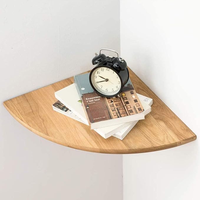 Corner Shelf, Solid Oak Wood Floating Corner Shelves Wall Mount Round End with Wire Hole for Small Plant Photo Frame for Bedroom Kitchen, Living Room