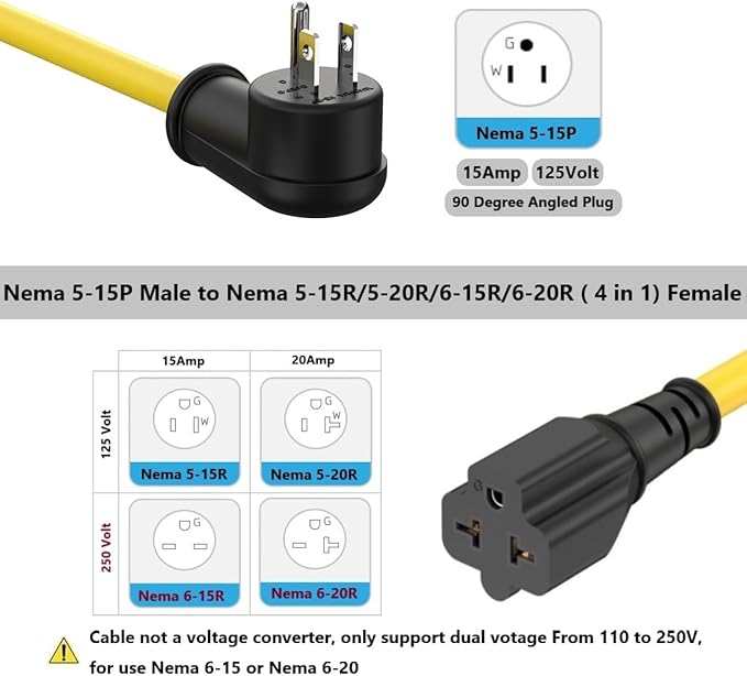 6FT Heavy Duty 15Amp Right-Angle Extention Cable, 12AWG 90-Degree 15 Amp Household Plug to 20 Amp T Blade Adapter cord, Nema 5-15P to 5-20R,5-15P to 6-15R/20R, 125V 15A to 20A AC Power Cable Extension