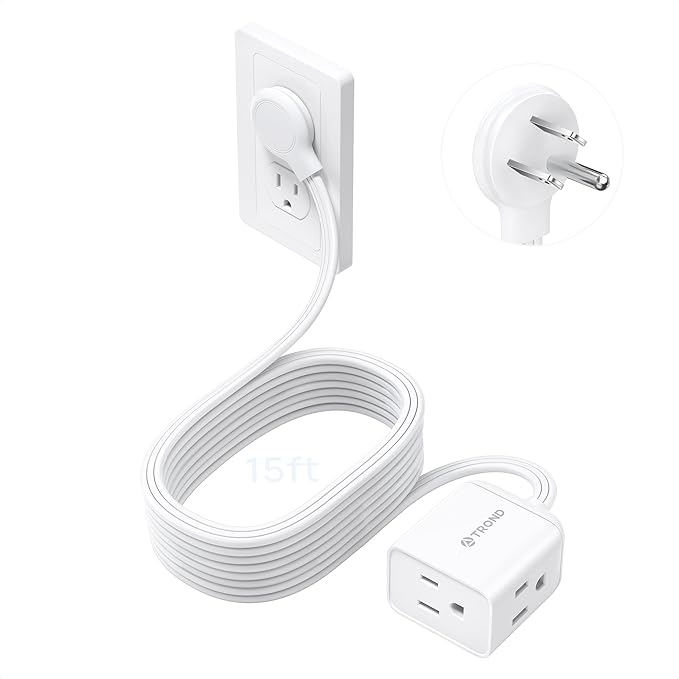 TROND Flat Extension Cord 15ft - Right Angled Flat Plug Power Strip, ETL Listed, 3 Plug Extension Outlets, Three Prong, SPT 16/3 Gauge Cable, 13 Amps, Compact for Indoor Home Office Kitchen, White