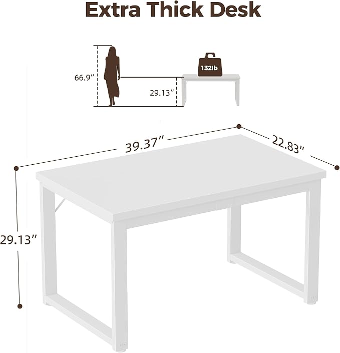 Mericonia 40 Inch Computer Desk, 1.2" Thick Small Office Table, White | Modern Simple Style, Heavy Duty Industrial Frame, Small Study & Writing Table for Home Bedroom Work