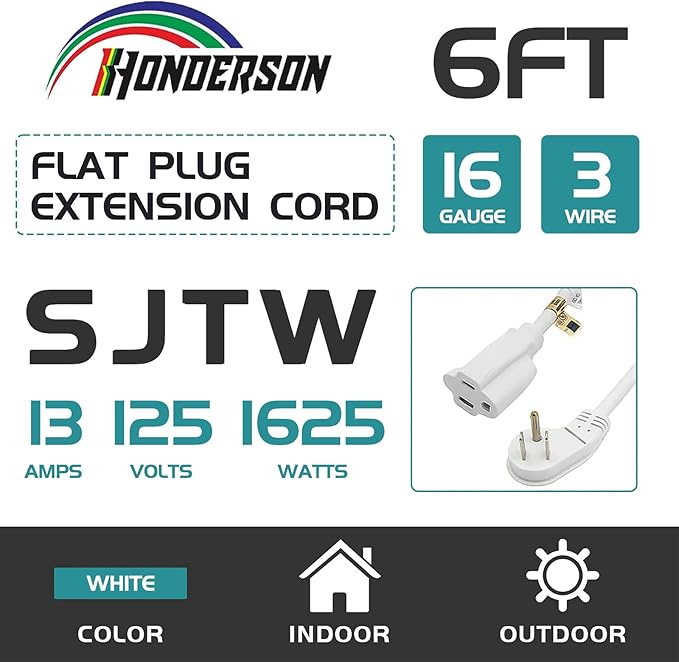 Flat Plug Indoor Extension Cord, UL Listed, 16 Gauge 6FT White 3 Prong Heavy Duty, 16/3 SJTW 13A Power Cord for Lights, Appliances, Home