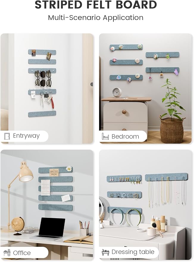 Fluxynara 13" x 2" Felt Wall Panels, Dusty Blue | 5-Pack Cork Board Alternative with 35 Push Pins, Adhesive Mounting for Bedroom Door or Home Office