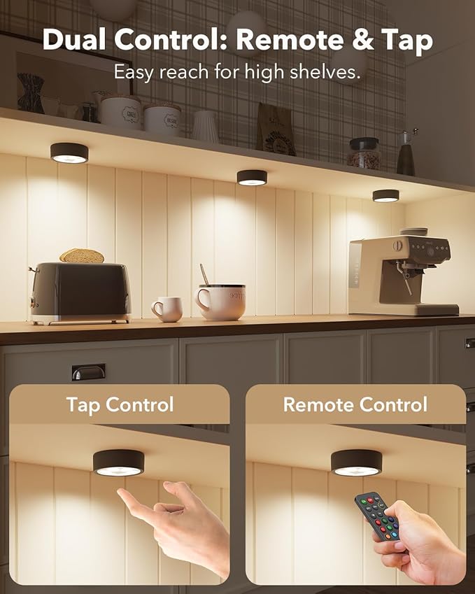 Rechargeable Under Cabinet Puck Lights with Remote Control, Black 2400mAh Battery Operated Push Button Light Stick On Magnetic Tap Lights Wireless Color Changing Touch Light for Closet Kitchen Counter