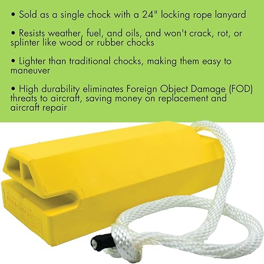 Checkers 20" Airplane Chocks, Aviation Wheel Chocks for Large and Oversized Aircraft, One Tire Chock with Locking Rope, Durable Lightweight Urethane, Yellow, AC6820-LR