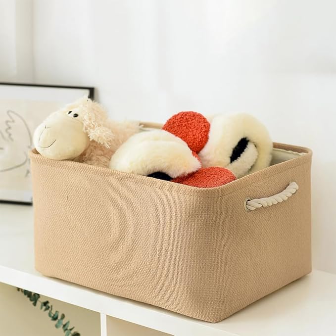 Organization and Storage Basket for Gifts Empty - 16x12x8 inch Large 4 Pack Fabric Storage Cube Collapsible Baskets for Shelves with Handles, Storage Box for Cloth Books Laundry Canvas(Beige)
