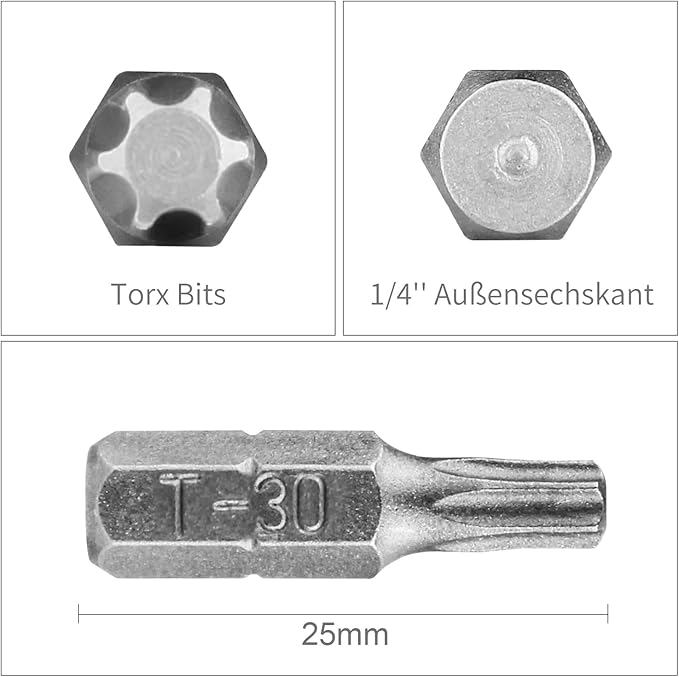 HPHOPE T30 Screwdriver Bit Set, Torx Bits T30, 1/4" Hexagon Bit (Length: 1", 25 Pack)