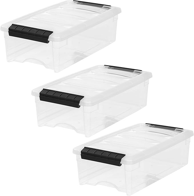 IRIS USA 6 Quart Stackable Plastic Storage Bins with Lids, 3 Pack - BPA-Free, Made in USA - See-Through Organizing Solution, Latches, Durable Nestable Containers, Secure Pull Handle - Clear/Black