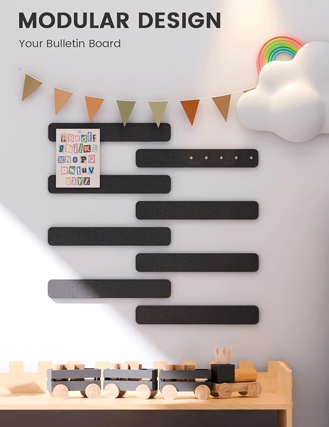 Fluxynara 13" x 2" Felt Wall Panels, Black | 8-Pack Includes 50 Push Pins and Adhesive Tabs for Photos, Notes and Decor in Bedroom Doors, Home Office or Studios