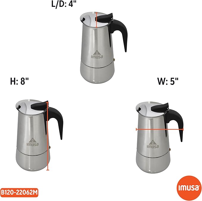 IMUSA USA B120-22062M Stainless Steel Stovetop Espresso Coffeemaker 6-Cup, Silver | Mirror-Polished Finish, Cool-Touch Handle and Flip-Up Top, Works on Gas, Ceramic, And Electric Stovetops