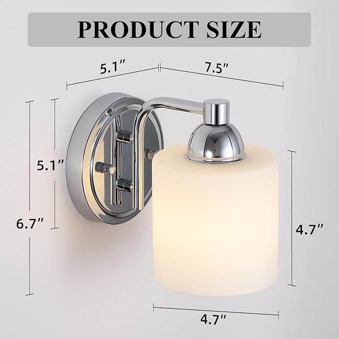 Polished Chrome Milk Glass Wall Sconces, 1 Pack Hardwired Indoor Wall Light Fixtures for Living Room, Hallway, Bedroom, Ceramic E26 Sockets (Bulbs Not Included)