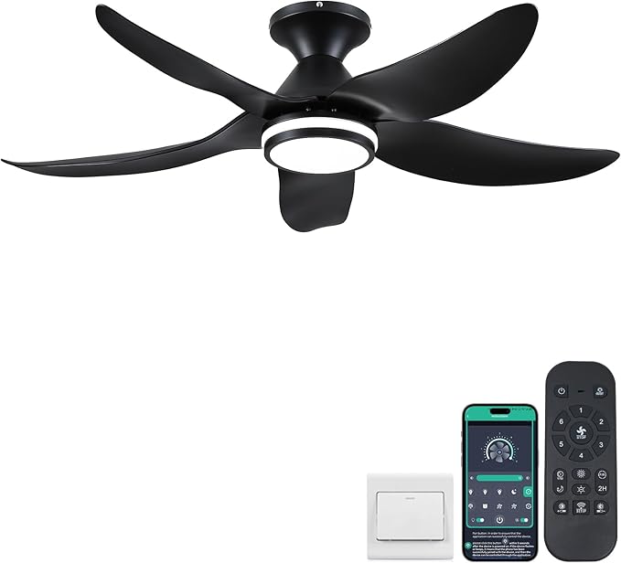 46 inch Ceiling Fans with Lights and Remote/APP Control, Modern Flush Mount Ceiling Fans with 5 Reversible Blades 6 Speeds, 3 Colors Dimmable+Ring Lights for Bedroom Dining Room, Black