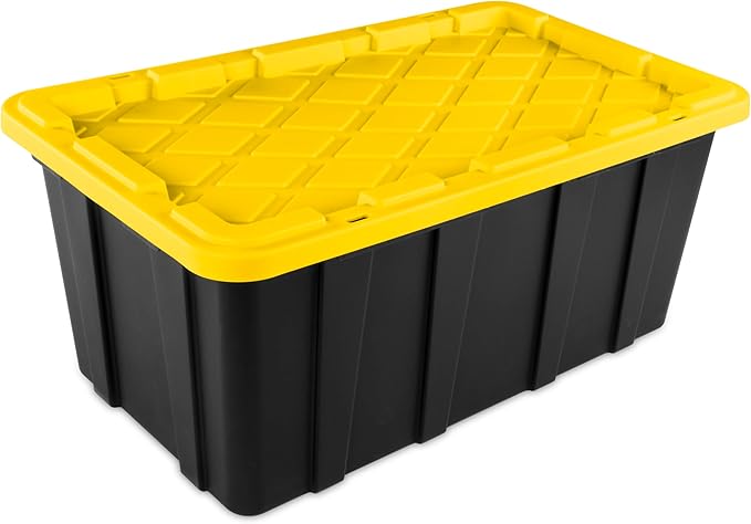 Sterilite 38 Gal Industrial Tote, Stackable Storage Bin with Snap-Fit Lid for Garage, Basement & Attic Storage, Black Base and Yellow Lily Lid, 4-Pack