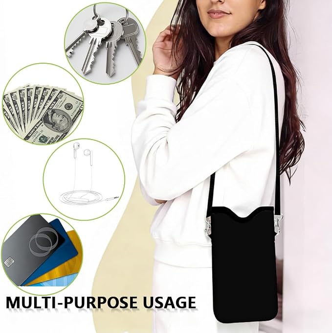 Neoprene Cell Phone Sleeve Pouch with Adjustable Strap Neck Lanyard Fits Most Smartphones 7.1 x 3.9 Inch Black Phone Sleeve Waterproof Carrying Cellphone Crossbody Case Bag for Women Men