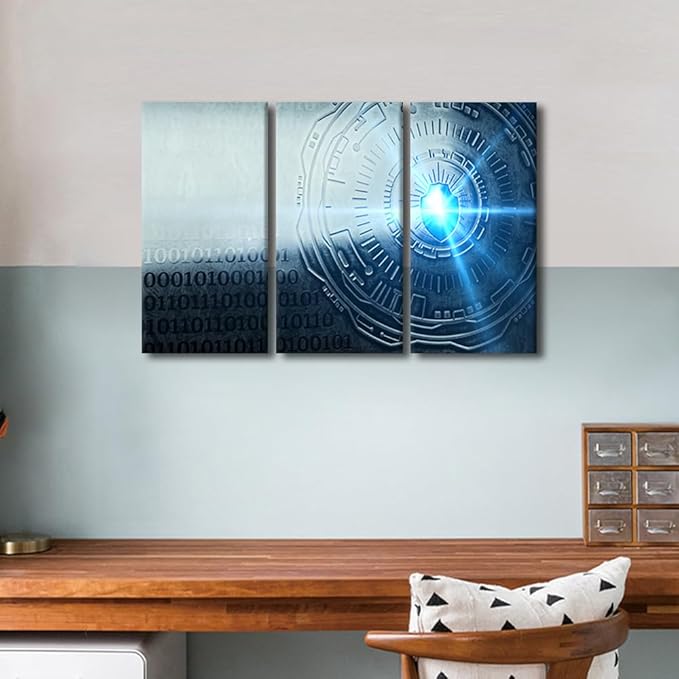 3 Panel Wall Art for Living Room, A Cybersecurity Concept Illustration Picture Prints on Canvas, Modern Decor for Bedroom, Stretched Framed Gallery-Wrapped Ready to Hang, 36" Wx24 H