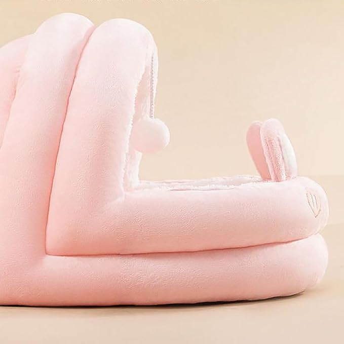 Cat Bed for Indoor Cats, Dog Bed with Anti-Slip Bottom, Rabbit-Shaped Cat/Small Dog Cave with Hanging Toy, Puppy Beds with Removable Cotton Pad, Super Soft Calming Pet Sofa Bed (Pink, Small)