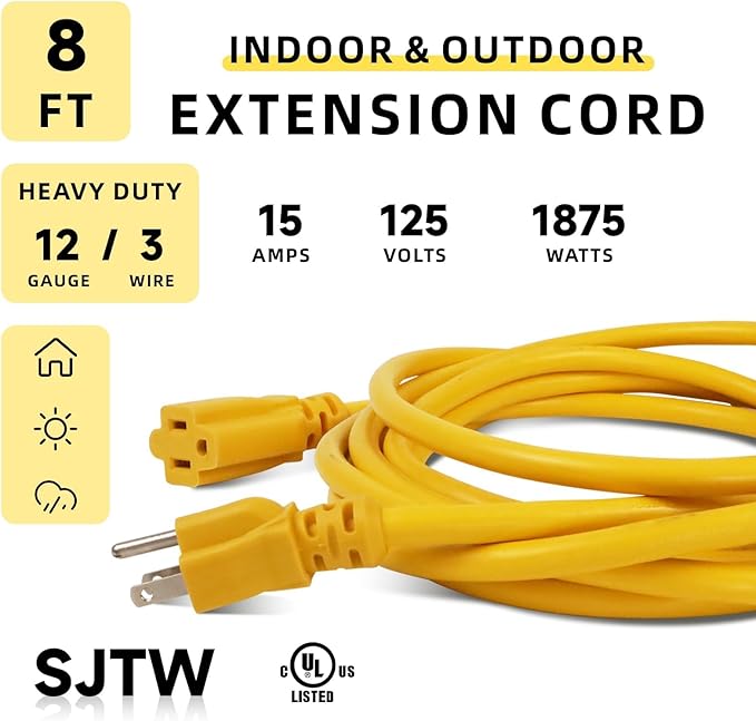 EP 12/3 8 FT Indoor Outdoor Yellow Extension Cord Waterproof, 12 Gauge 3 Prong Power Cord Flexible Resistant Appliance Extension Cable Electric Cable Outside, 15A 1875W 12AWG SJTW, ETL Listed