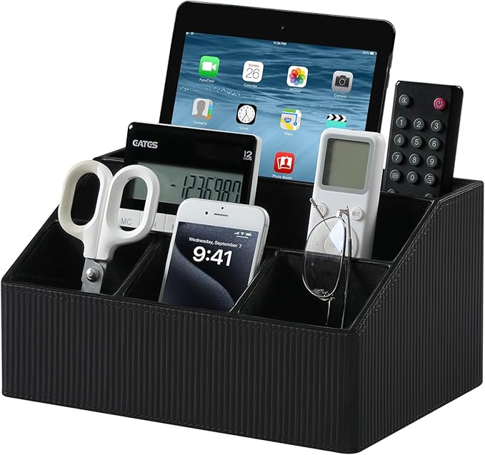 Remote Control Holder with 5 Compartments for Office Art Supplies, PU Leather Nightstand Organizer Pencil Pen Desk Caddy for Home, Desktop TV Remote Control Organizer Storage (Striped Black)