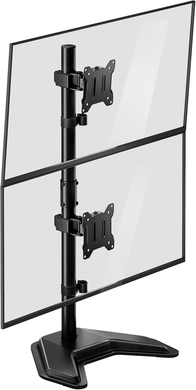 monTEK Freestanding Stacked Dual Monitor Stand for 17-32", 22 lbs Each | Solid V-shaped base, vertical dual-screen full-motion arms, height adjustment, tilt, swivel, rotation and VESA 75/100