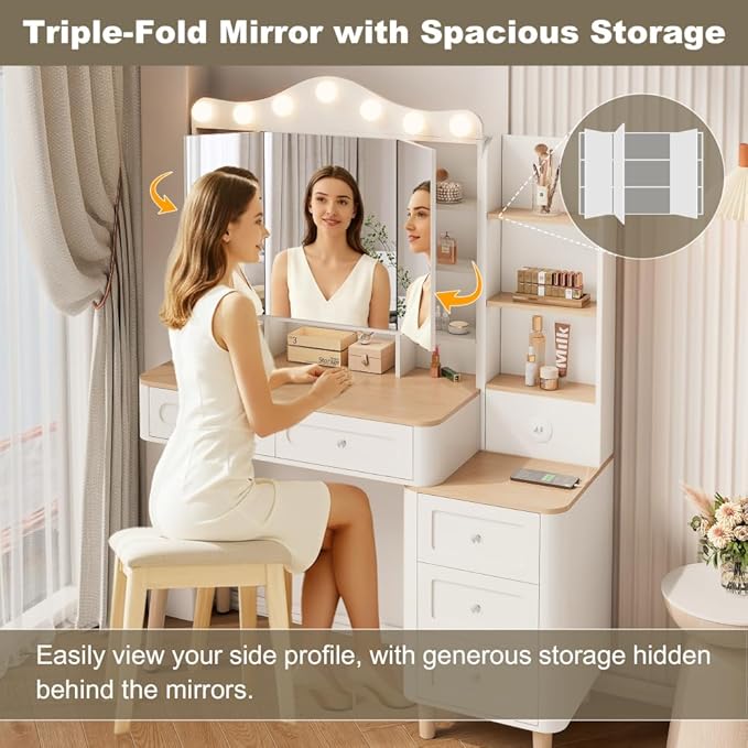 Vanity Desk with Mirror and Lights,Makeup Vanity with 2 USB Power Strip,Vanity Set with Two Drawers and Three-Drawer Chest, 3 Lighting Modes Adjustable Brightness, Foldable Three-Sided Mirror