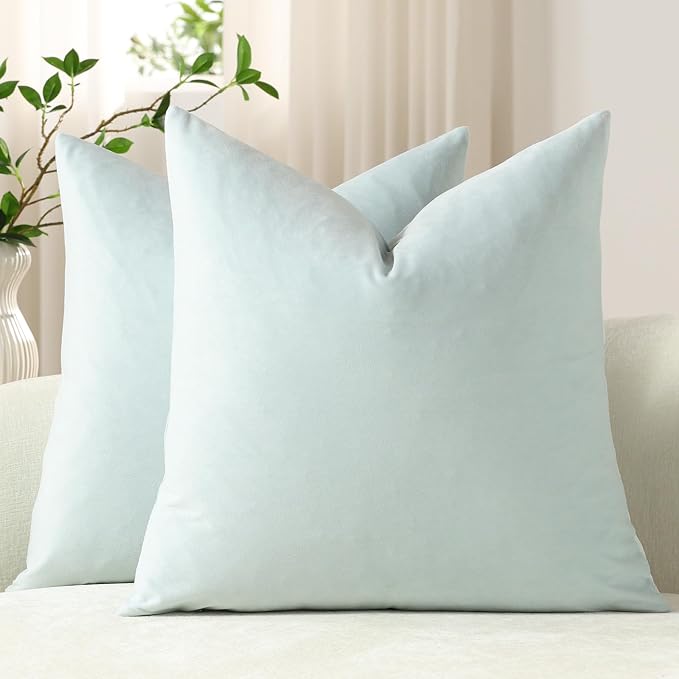 Euro Sham Covers 24x24 Light-Blue: Pack of 2 Cozy Soft Velvet Square Modern Luxury Decorative Throw Pillow Cases for Sofa Couch Living Room Bed Home Decor