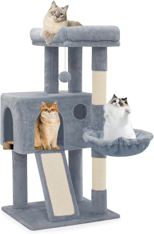Athena Collection Cat Tree, 36" Tall Cat Tree Tower for Indoor Cats, Multi-Level Cat Tower House Activity Center Climbing Tower with Cat Condo & Hammock & Scratching Post & Dangling Ball, LightGray