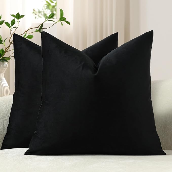 Euro Sham Covers 24x24 Black: Pack of 2 Cozy Soft Velvet Square Modern Luxury Decorative Throw Pillow Cases for Sofa Couch Living Room Bed Home Decor
