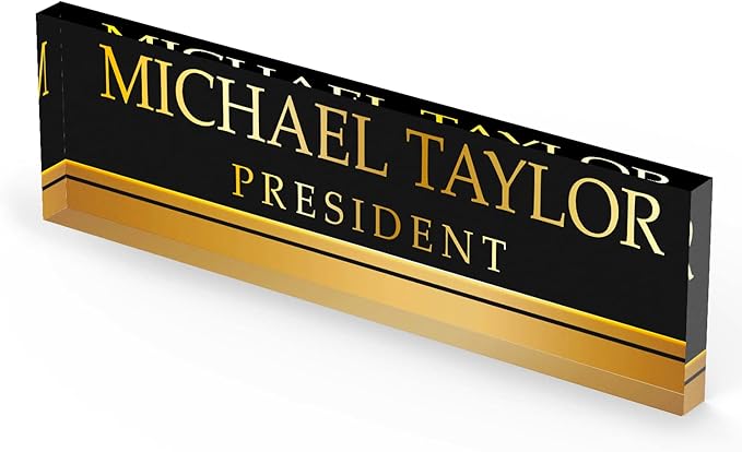 Artblox Personalized Office Desk Name Plate With Business Card Holder | Clear Acrylic Glass with Teak Wood Stand | Black Gold Stripe Design Customized with Your Name and Credentials Office Desk Décor