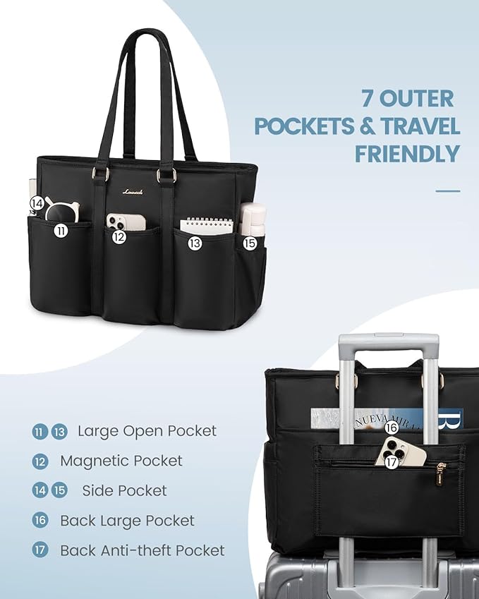 LOVEVOOK 17 Inch Laptop Tote Bag for Women Work, Teacher Tote Bag Nurse Bag, Professional Utility Computer Bag For Work/Travel/College/Daily, Large Purse Handbag With Trolley Sleeve & Large Cup Holder