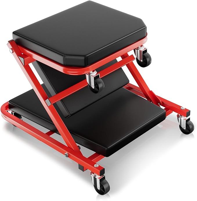 Auto Dynasty 36" Z-Creeper Seat, 2-in-1 Foldable Garage Creeper Shop Seat, 330 LBS Capacity Automotive Mechanic Repair Under Car Rolling Creeper Seat, Red