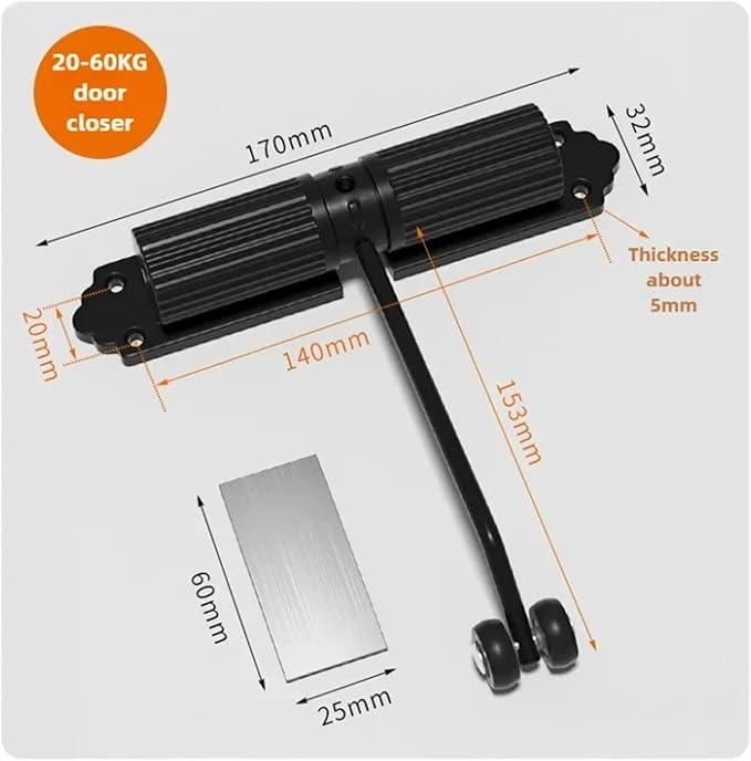 Automatic Adjustable Closer Surface Mounted Heavy Duty Safety Spring for Interior Exterior Door 1 Set(20-40KG Black)