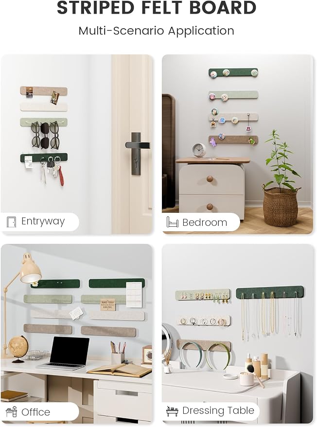 Fluxynara 13" x 2" Felt Wall Panels, Nordic Moss | 8-Pack Includes 50 Push Pins and Adhesive Tabs for Photos, Notes and Decor in Bedroom Doors, Home Office or Studios