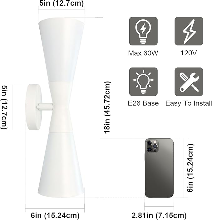 Modern Indoor Wall Sconce, Light Up and Down White Wall Sconce, Mid Century Indoor Wall Light Fixture, Hardwired Wall Mounted Lamp for Living Room, Bathroom, Bedroom, Hallway, 18 Inch