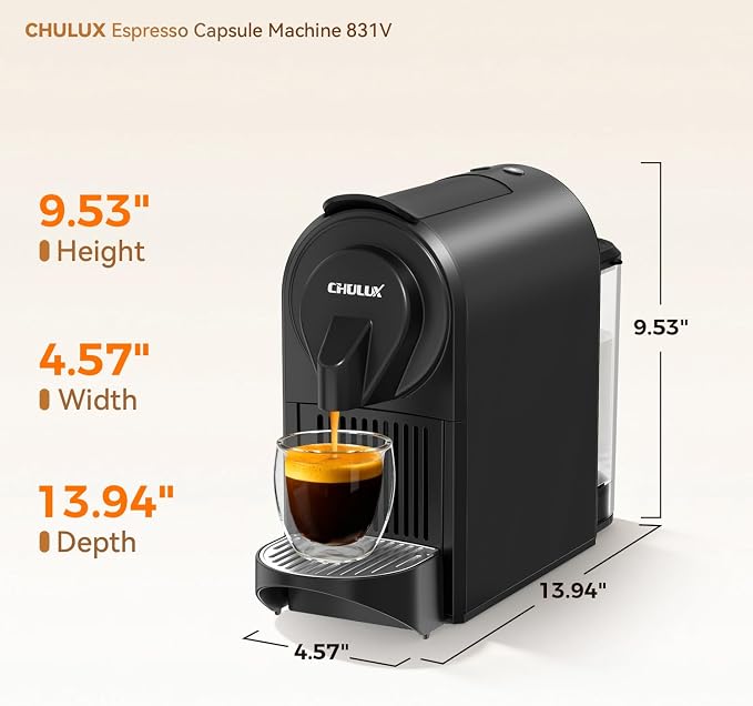 CHULUX Bafè-Pro Single Serve Espresso Machine for Nes Original Pods, Black | 1400W Rapid Heating, Espresso Lungo Buttons, Used Capsule Drawer, Auto-Eject System, 24oz Removable Reservoir, Mini Footprint