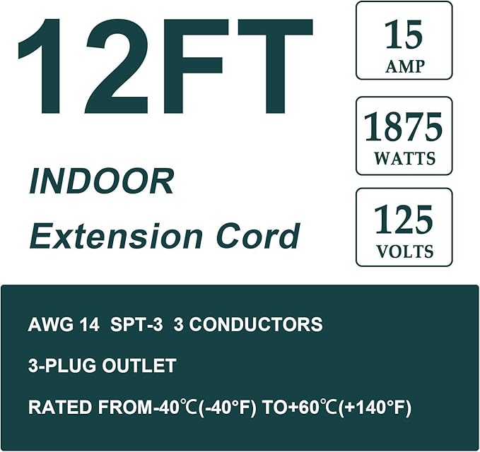 EP 12 Ft Heavy Duty Appliance Extension Cord - 14 Gauge 3 Prong Grounded Cable Wire, Ideal for Air Conditioners, Refrigerators, Microwaves, Washing Machines & More - Indoor Use, Gray