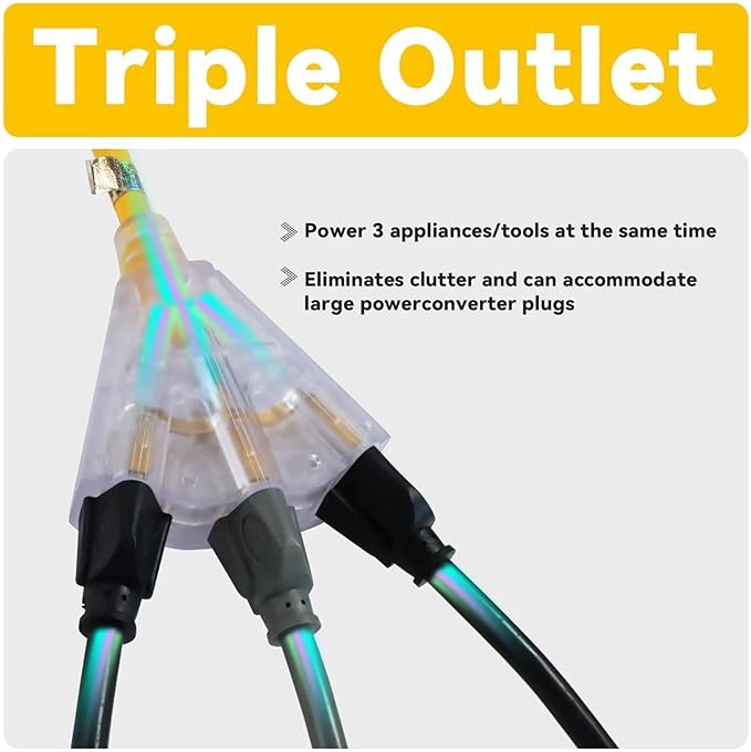 EP 10 Ft 12 Gauge Heavy Duty Extension Cord, 15A 125V 1875W, 3 Outlet Indoor/Outdoor Power Cord with Lighted End, 12/3 SJTW Weatherproof Yellow