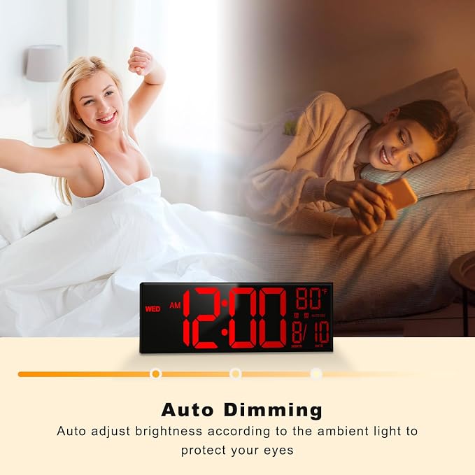 JALL 16" Large Digital Wall Mount Clock, Count Down Timer, Alarm, Big LED, DST, Temperature for Living Room Classroom Desk, Xmas, Birthday Gift for Senior Men Women Mom Dad, Red