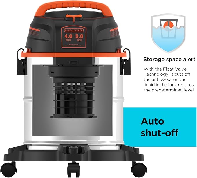 BLACK+DECKER Shop Vacuum Wet and Dry, 5 Gallon 3-in-1 Stainless Steel Shop Vac with Accessories, 4 HP Vacuum Cleaner, for Workshop, Home, Garage and Pet, BDXV18143