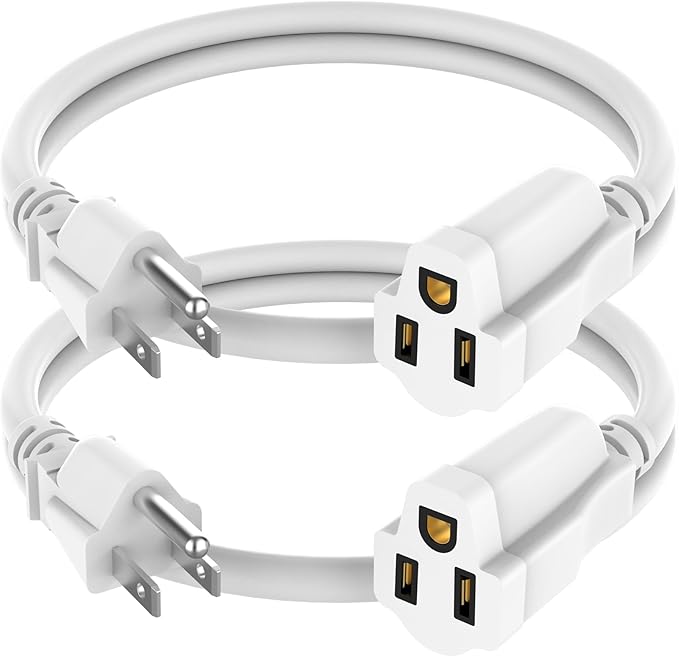 2 Pack Power Extension Cord 2FT/24Inch, Short 3 Prong Electric Extension Cable Outlet Saver, Single Outlet, Heavy Duty, Waterproof, Flexible, 16 AWG, 13A 125V, Outdoor & Indoor Extender Wires(White)