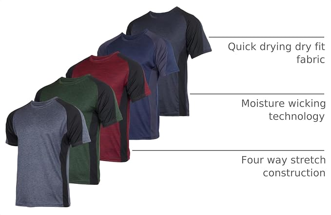 5 Pack Men's Dry Fit Short Sleeve T-Shirt Gym Workout Athletic Running Tee | Cooling, Moisture-Wicking, Crew Neck, Quick-Dry, Breathable, Active, Exercise, Fitness, Basketball, Cycling, Hiking, Tennis