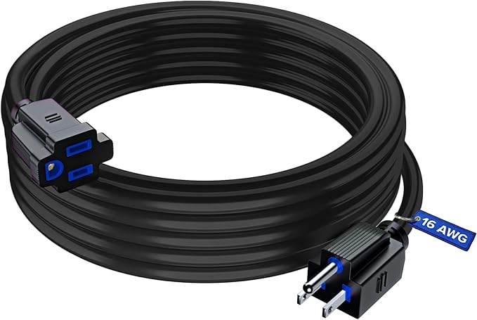 Maximm Extension Cord 25 Ft Black Power Cords Indoor 16 Gauge Wire SJTW Heavy Duty ETL Listed (25Ft, Black with Blue Indicators)