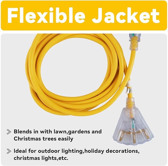 EP 50 Ft 12 Gauge Heavy Duty Extension Cord, 15A 125V 1875W, 3 Outlet Indoor/Outdoor Power Cord with Lighted End, 12/3 SJTW Weatherproof Yellow