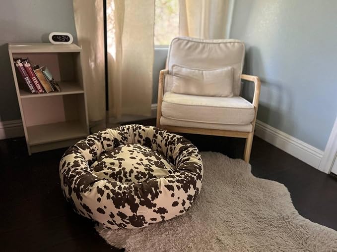 Organic Cotton Canvas Dog Bed: Removable Cover, Natural Fill - Made in USA (Cow Print Brown White, X Small 18" x 6" inches)