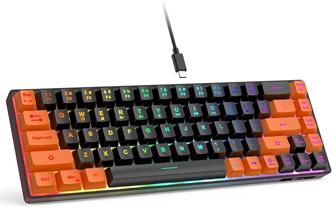 GEODMAER 65% Gaming Keyboard, LED Backlit Mini Wired Keyboard, Ultra-Compact Anti-Ghosting No-Conflict 68 Keys Membrane Gaming Wired Keyboard for PC Laptop Windows Gamer(Black-Orange)